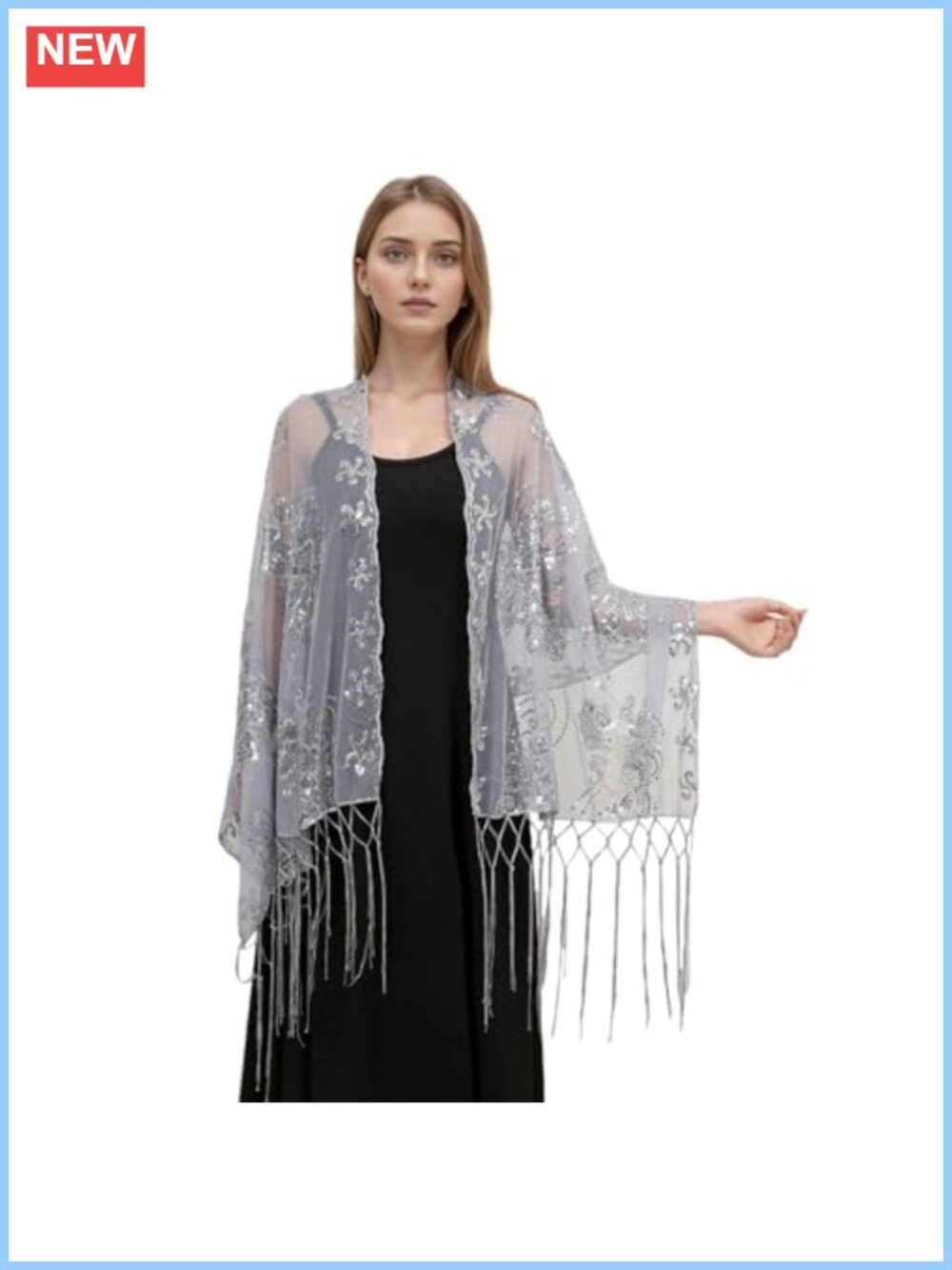 Sequined Flower Shawl Wrap Fringed Evening Cape Bridal Scarf